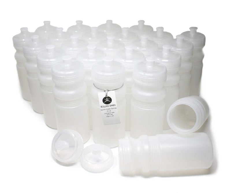 Rolling Sands Reusable Bulk Water Bottles 24 Pack - 20 Oz Sports Water Bottles, USA Made, BPA-Free, Wide Mouth for Easy Cleaning, Dishwasher Safe, Break Resistant - Clear Frost Bottle/Clear Lid - Image 1